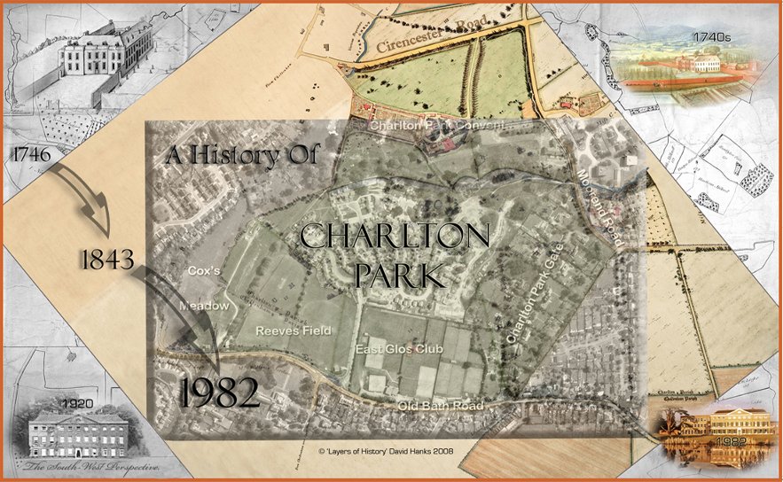 Two historic maps overlaid by a 1982 aerial photograph of Charlton Park B) David Hanks 2008